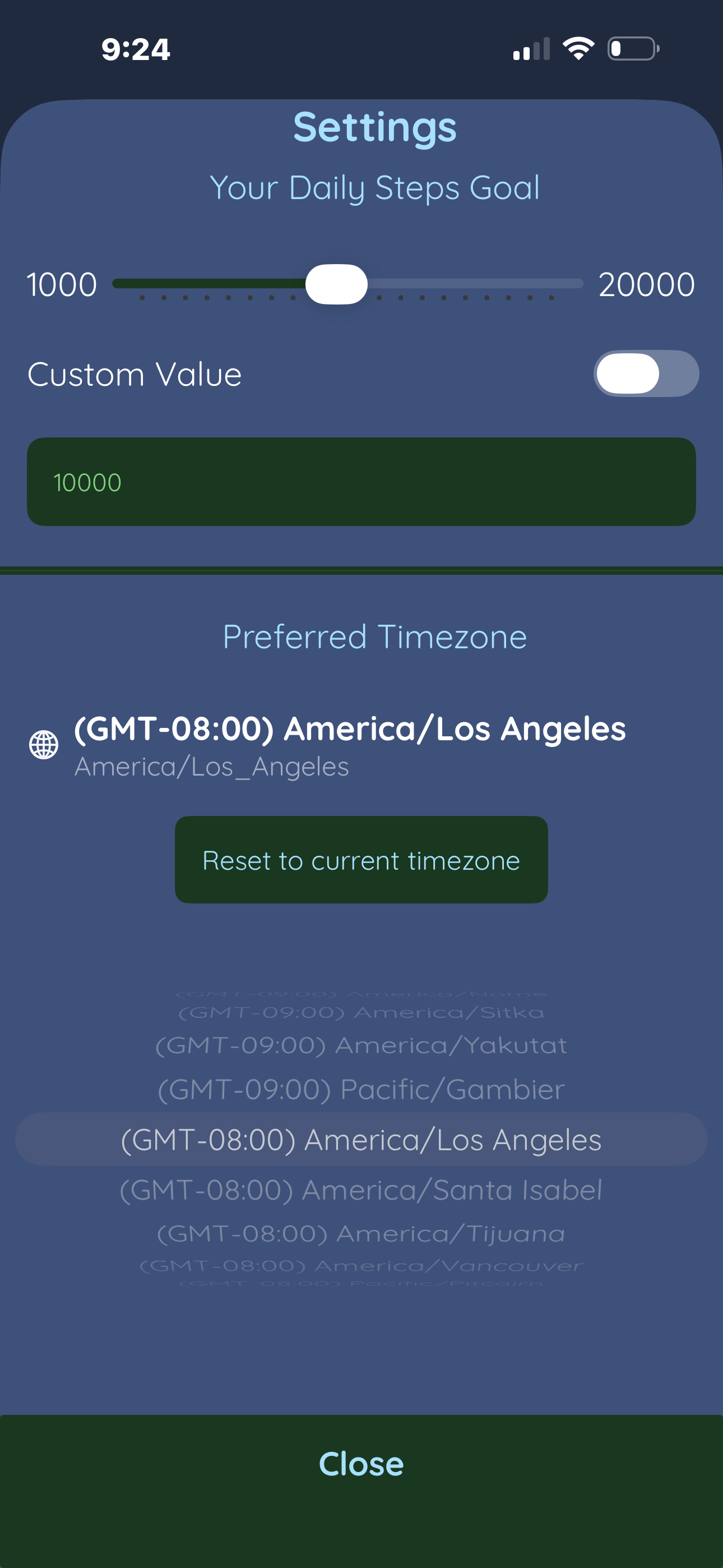 Settings screen with daily goal slider, custom value toggle, and timezone picker.